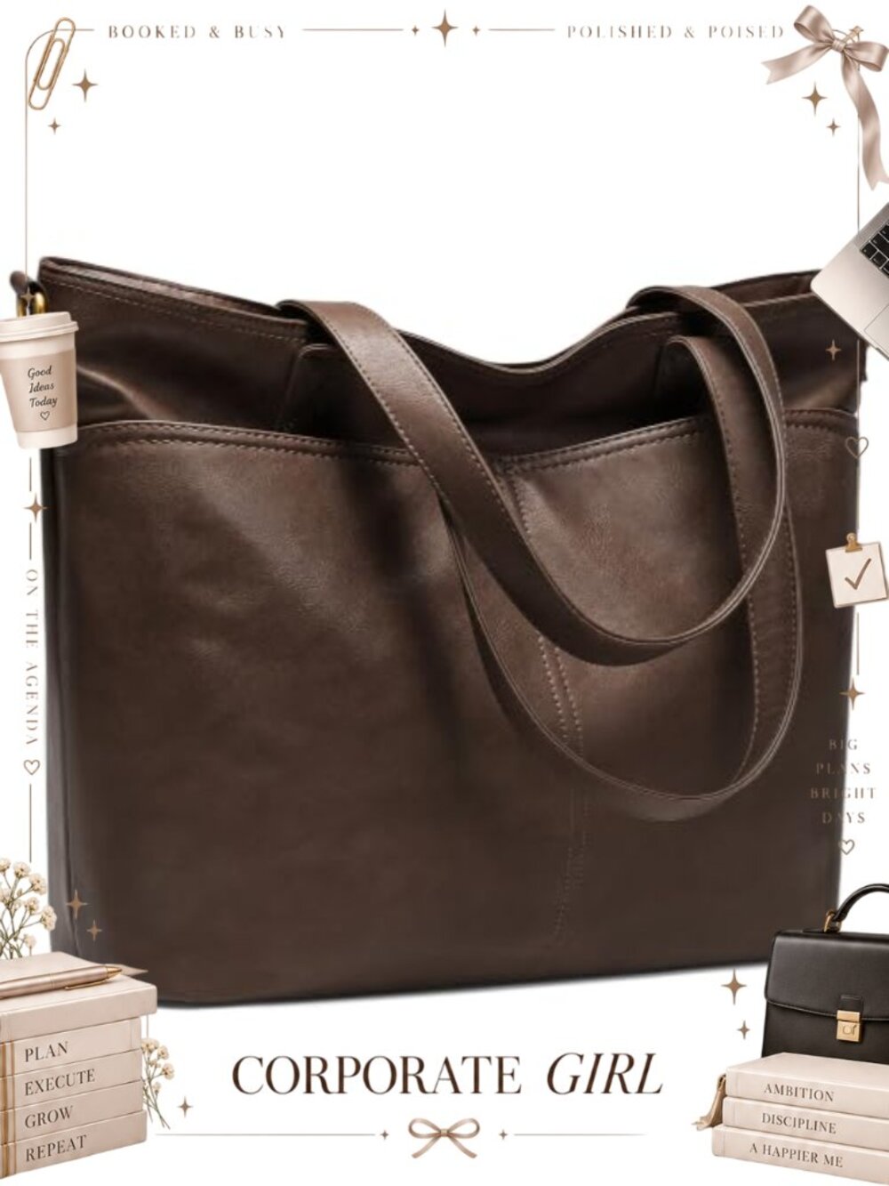 Vegan Leather Tote Bag for Women Laptop Shoulder Purse with Zipper